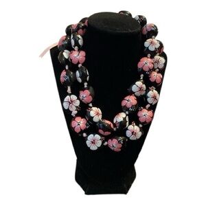 Hawaii Hibiscus Handpainted Pink Black White Ribbon Closure Necklace